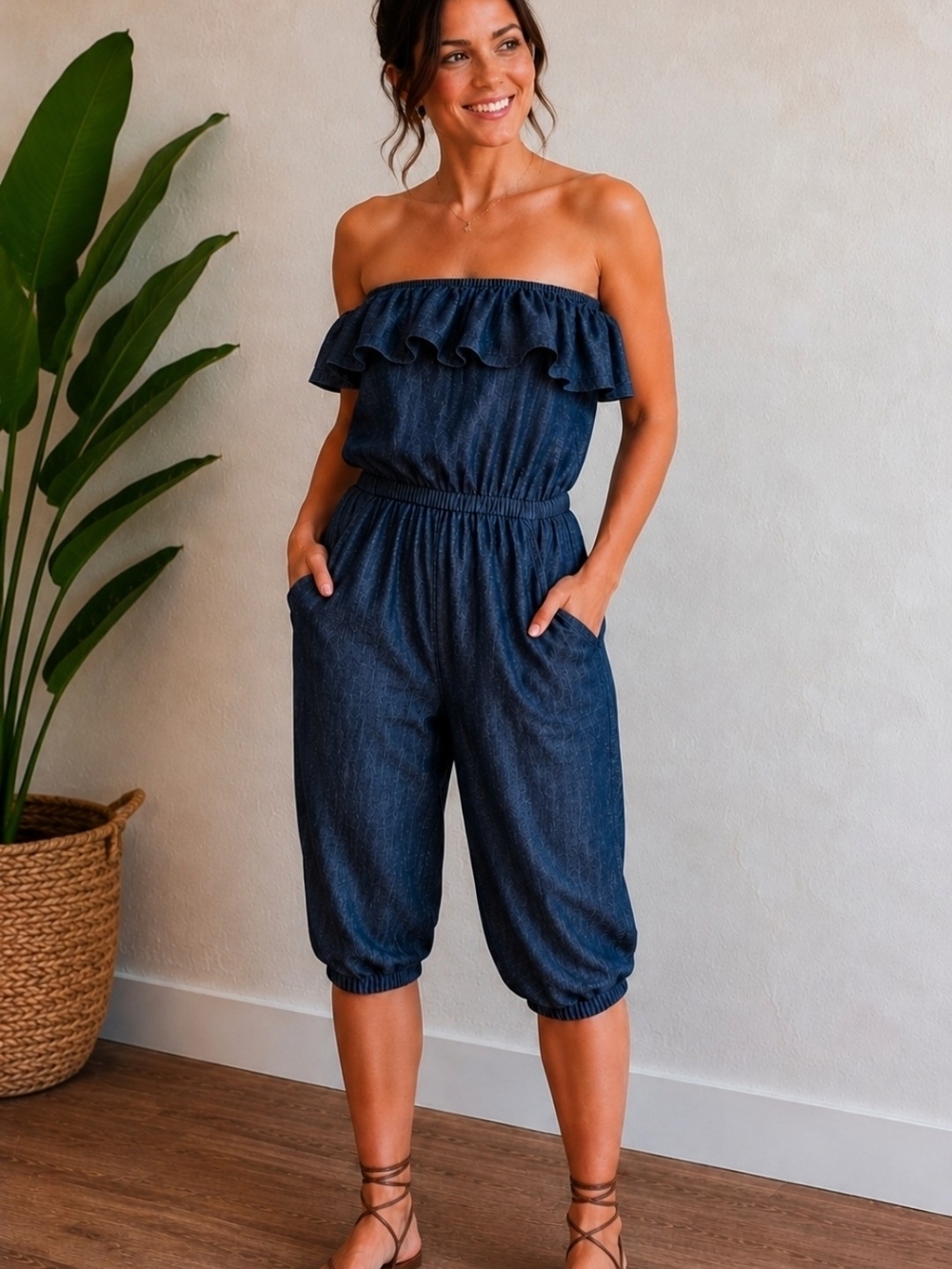 Boutique Strapless Romper Ruffle Tube Denim Style Cropped Jogger Size M Boho